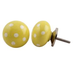Yellow White Polka Ceramic Dresser Knob