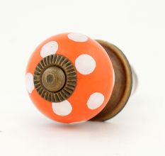 Orange White Polka Small Ceramic Cabinet Knob