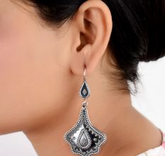 Oxidized 92.5 Sterling silver Earrings Petal Embossed Design Dangler for women