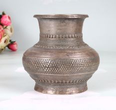 Vintage Engraved Brass Holy Water Pot in Tribal Art for Decor