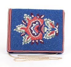 Blue Beaded Dragon Embroidered Sling Bag with Chain