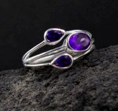 Three Amethyst 925 Sterling Silver Ring Handmade Boho Jewelry