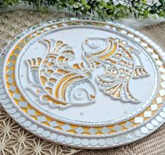 Handcrafted Lippan Art Twin Fish Wooden Wall Decor with Mirror Work