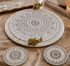 Handcrafted Mirror Mosaic Wooden Serving Tray with Coasters Set