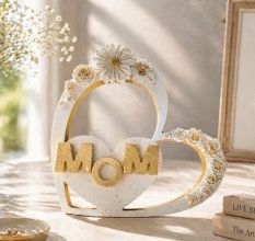 Handcrafted Mom Heart Shaped Wooden Table Decor with Ceramic Art