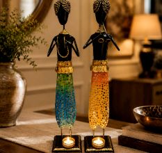 Handcrafted Tribal Figurine Mirror Mosaic Musicians Set of 2 Decor