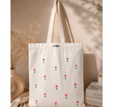 Hand-Embroidered Pink Tulip Canvas Cotton Tote Bag
