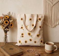 Hand-Embroidered Sunflower Canvas Cotton Tote Bag