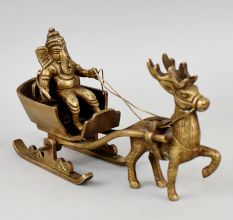 Brass Ganesha Riding Reindeer Sleigh Figurine