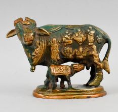 Brass Kamdhenu Cow and Calf Statue with Deity Motifs