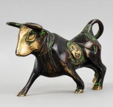 Brass Bull Figurine with Green Patina and Engraved Motif