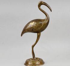 Brass Crane Bird Figurine with Engraved Feather Details