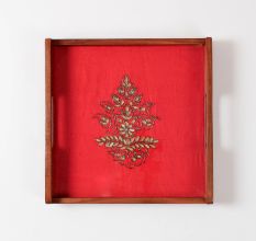 Red & Golden Paisley Square Wooden Serving Tray