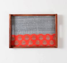 Orange & Grey Paisley Wooden Serving Tray with Handles