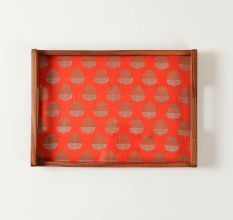 Orange & Golden Banarsi Fabric Rosewood Serving Tray