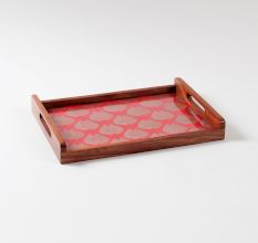 Red & Golden Paisley Chanderi Fabric Wooden Serving Tray