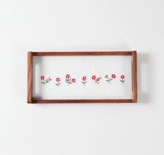 Pink Floral Embroidery Wooden Serving Tray
