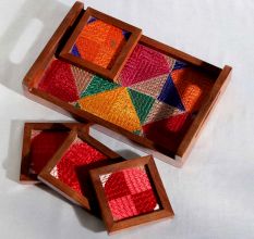 Sheesham Wood Serving Tray with Phulkari Coasters Set