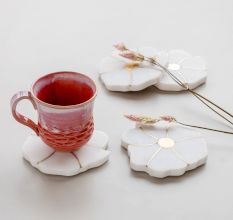 White Marble Flower Brass Inlay Coaster Set of 4
