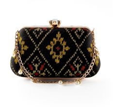 Patola Fabric Frame Clutch with Pearl Chain