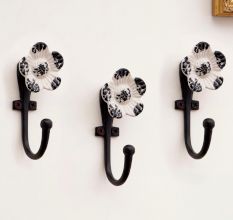 Set of 3 Handmade Black and White Daffodil Ceramic Metal Wall Hooks