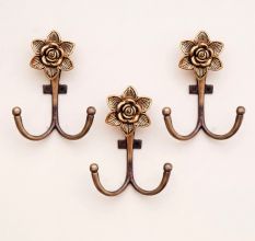 Set of 3 Handmade Golden Rose Double Metal Wall Hooks