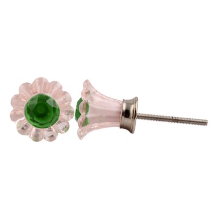 Pink Daisy Green Crystal Glass Drawer Knob
