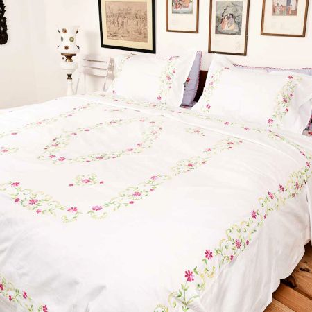 White Cotton Hand Embroidered Pink Petals leaves Duvet Cover+2Pillow Cover