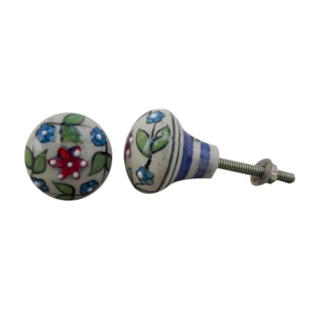 White Floral Blue Stripes Ceramic Bulb Knob