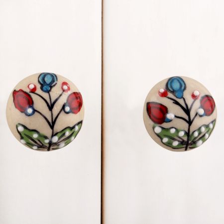 Red Bulb Green Leafy Cream Cabinet Knob