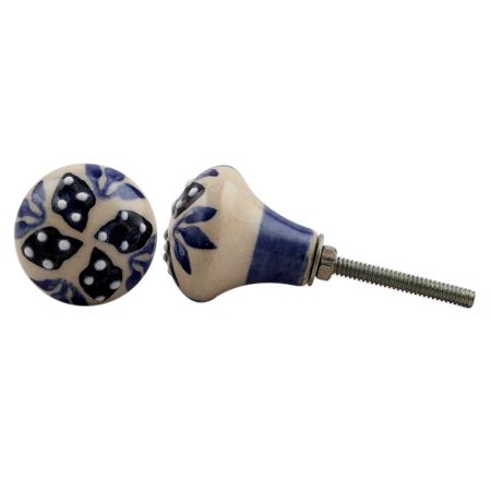Cream Black Dotted Leaves Ceramic Cupboard Knob