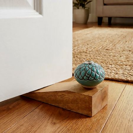 Sage Green And Black Etched Ceramic Wooden Door Stopper