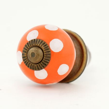 Orange White Polka Small Ceramic Cabinet Knob