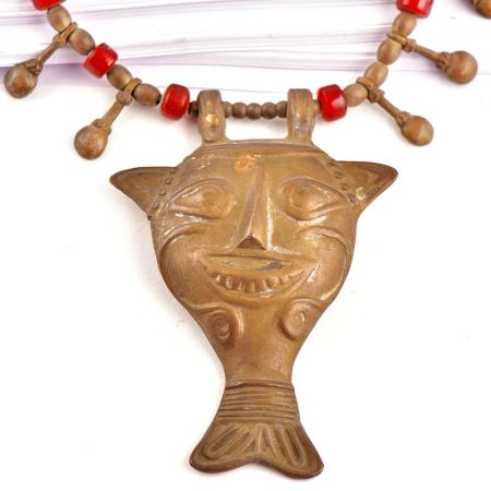 Brass Mask Pendant on Brass Red Bead Necklace