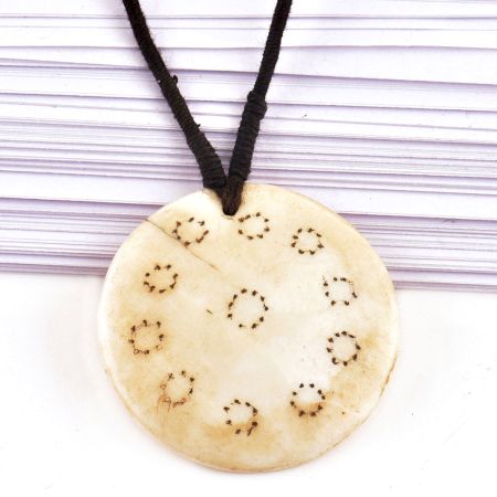 Round Engraved White Shell Pendant With Black Cord