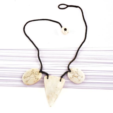 Tribal Figure Engraved 3 White Shell Necklace With Black Cord