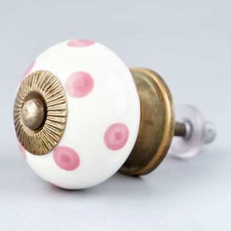 White Pink Dot Ceramic Drawer Knob