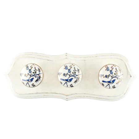 Blue Bird Golden Berry Ceramic Wooden Hook in White Painted