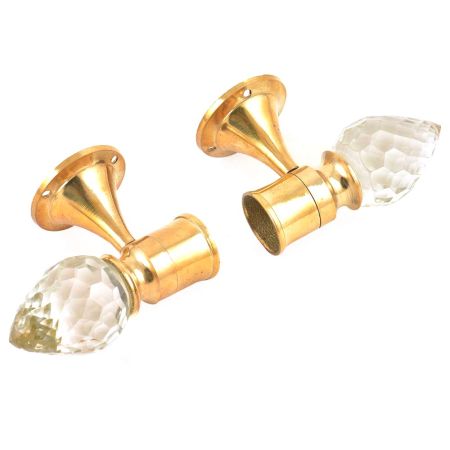Set Of 2 Teardrop Crystal Curtain Pole Finials With Golden Brass Bracket