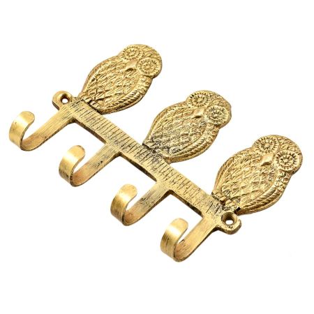 Handmade Brass Wise Owl Wall Hanger With 4 Hooks