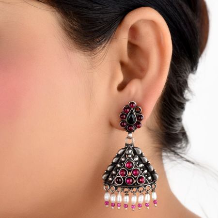 92.5 Sterling Silvre Earrings Triangle Shaped Pink Tourmaline Pearl Beads Hangings