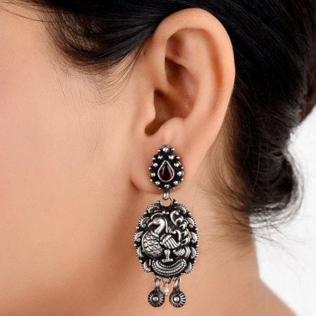 Big Peacock 92.5 Sterling Silver Earrings Danglers With Big Teardrop Amethyst Stone