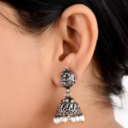 Curved Fish 92.5 Sterling Silver Earrings Embossed Design Pearl Hangings