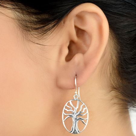 Round 92.5 Sterling Earrings With Single Tree of Life Motif