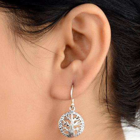 Round 92.5 Sterling Silver Earrings Old Tree of Life Motif With Cross stitch Design Border