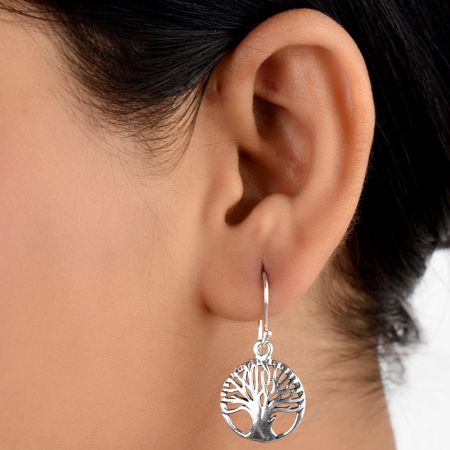 Round 92.5 Sterling Silver Earrings Tree of Life Broad Trunk Drop Earrings