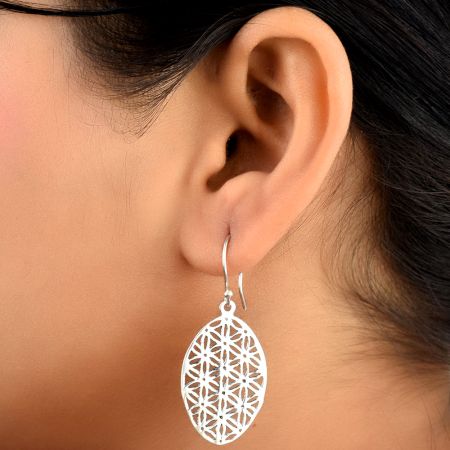 92.5 Sterling Silver Earrings Oval Sacred Flower Of Life Design Earrings