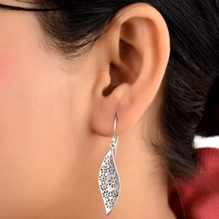 Floral Filigree 92.5 Sterling Silver Earrings Long Oval Drop Earrings