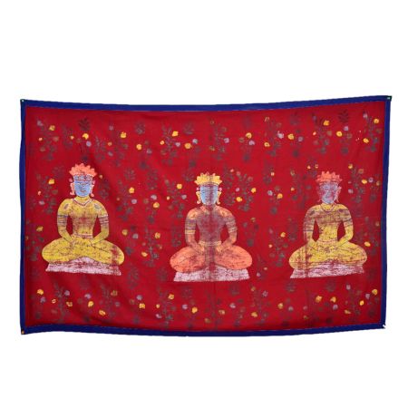 Hand Painted 3 Meditating Jain Gurus on Red Cloth