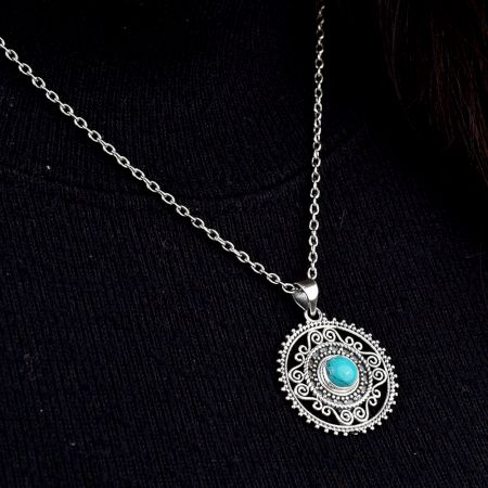 Round Engraved Blue Stone Sterling Silver Pendant